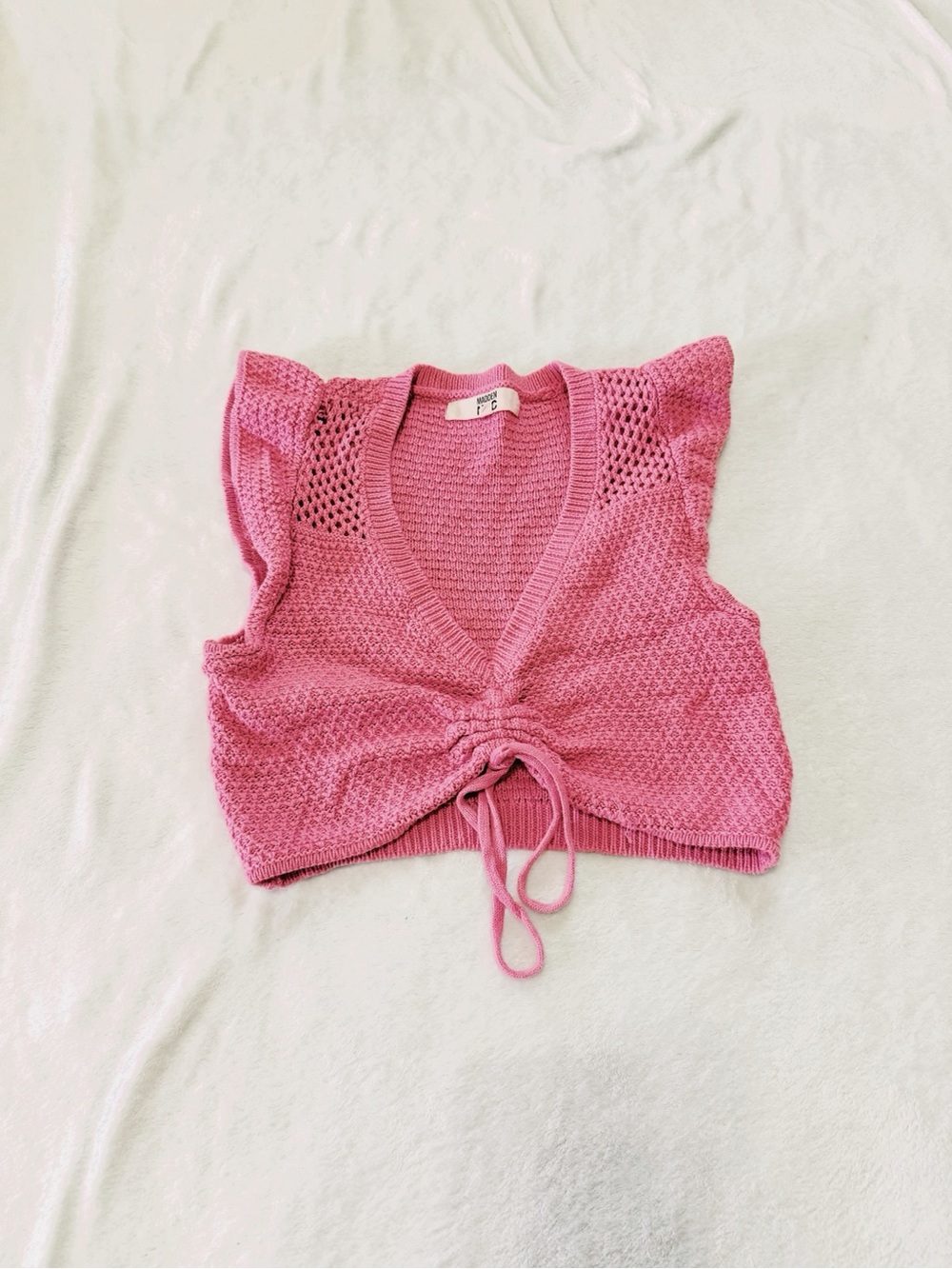 Drawstring V-Neck Pink Crochet Crop Top